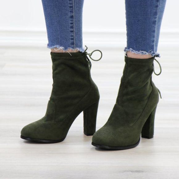 Round Toe Olive Suede Ankle Heeled Boots, Booties - Picture 10 of 12
